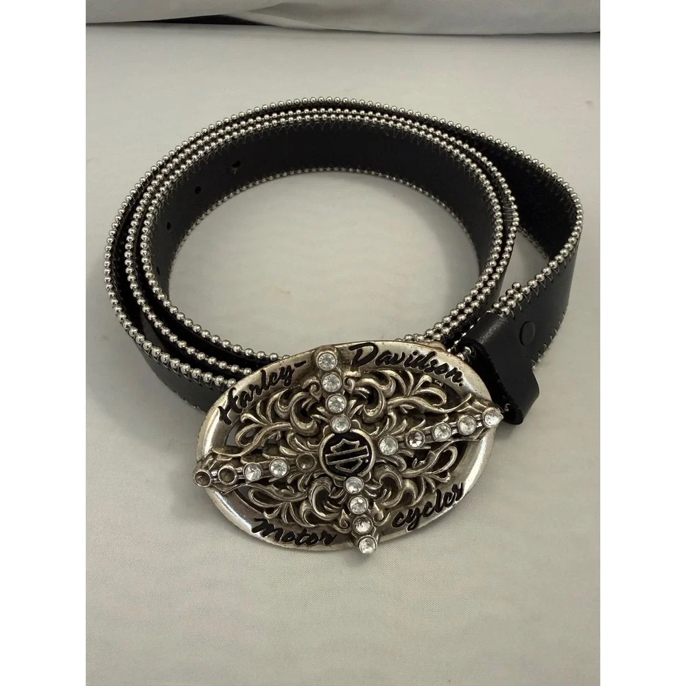 Harley Davidson Rhinestone Filigree Belt Genuine Leather 3W Black Large Buckle